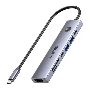 Unitek H1124AGY01 hub USB-C z 100W PD, HDMI 2.0, 2x USB‑A, 2x USB‑C, czytnik SD/microSD — aluminium