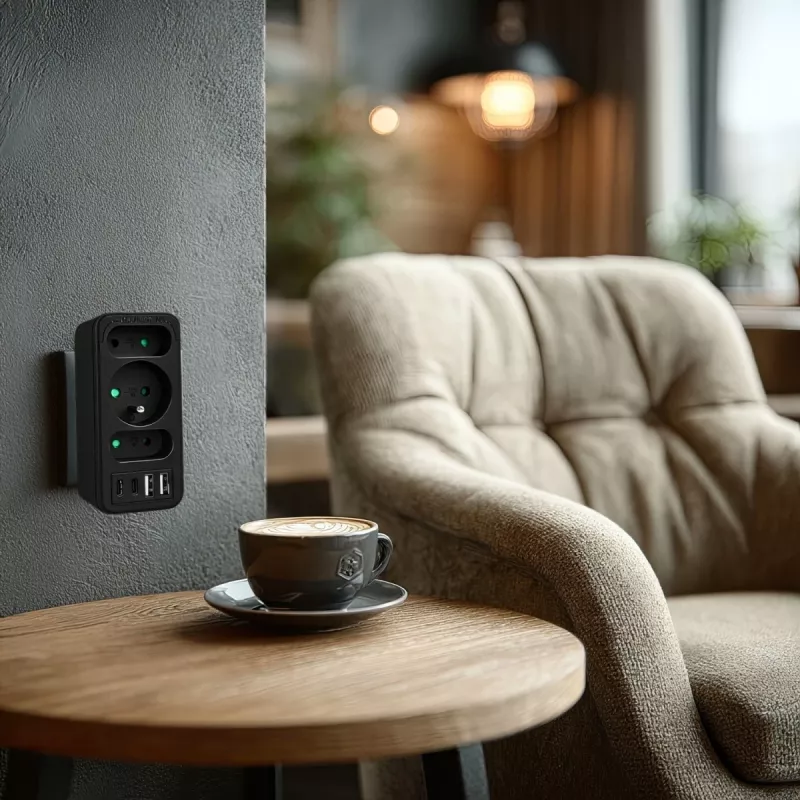 Rozgałęźnik zasilania MACLEAN MCE248 F/B — 3 gniazda AC (1x16A, 2x6A) i 4 porty USB (2xUSB‑A, 2xUSB‑C PD 20W), wtyczka EU, czarny