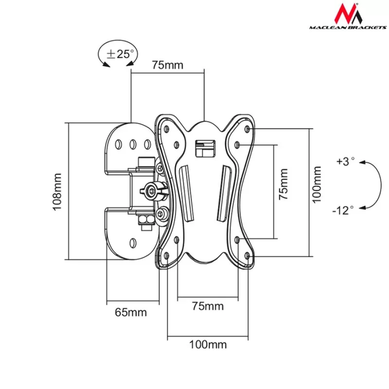 Uchwyt ścienny MACLEAN MC-670 — regulowany, obsługa do 20 kg, VESA 100x100, do monitorów 13–27 cali, czarny