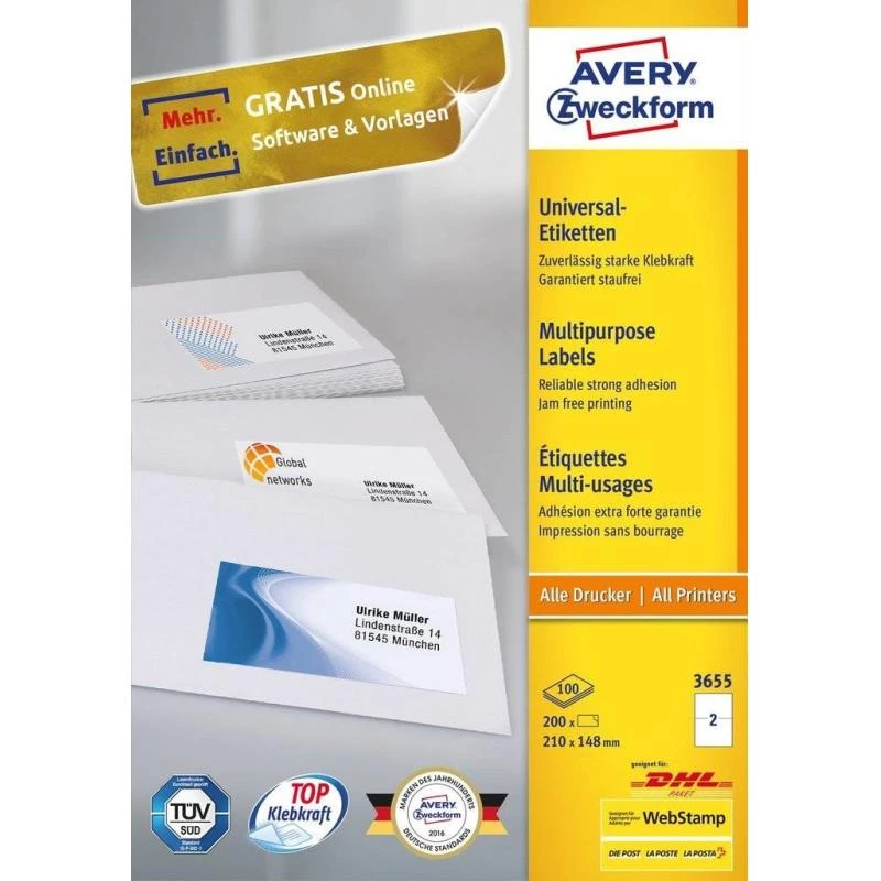 Avery 3655 etykieta samoprzylepna prostokątna trwała biała 200 szt.