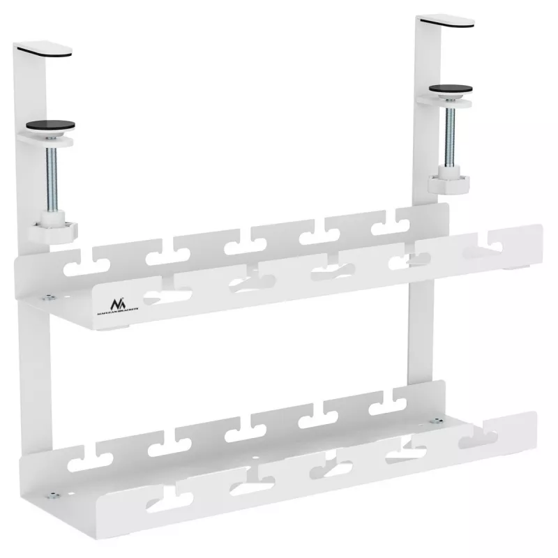 Organizator kabli pod biurko MACLEAN MC-104 W, 2-poziomowa taca stalowa, biały, maks. obciążenie 5 kg, pasuje do blatów 0,5–5 cm