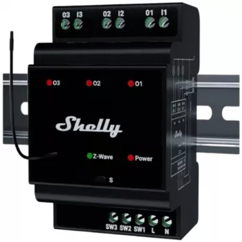 Inteligentny przekaźnik Shelly Wave PRO 3 — czarny, obudowa z tworzywa sztucznego, 110–240 V AC, 50–60 Hz, 0,3 W, 53×59×96 mm
