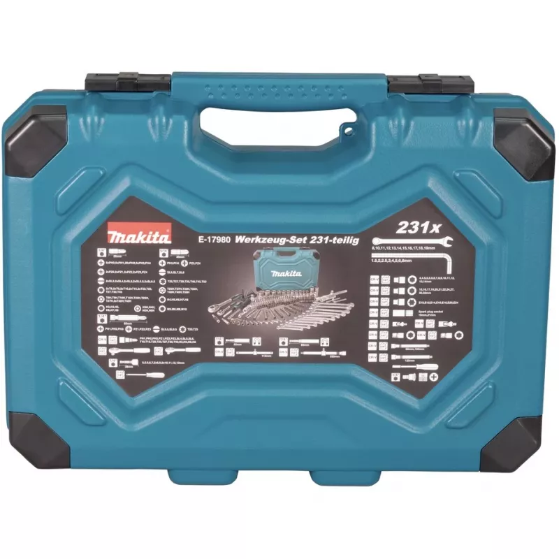 Handwerkzeug-Set E-17980, 231-teilig blau, mit 2 Umschaltknarren, 1/4 und 1/2, Koffer