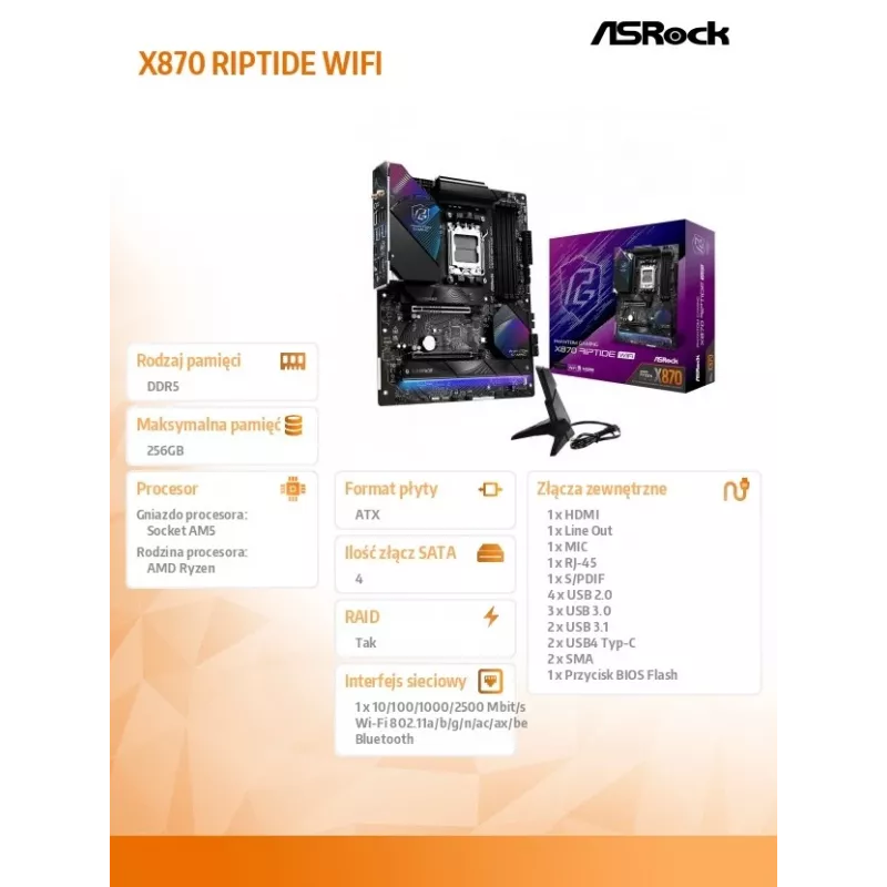 Płyta główna ASRock X870 Riptide WiFi — ATX, AMD X870, Socket AM5, DDR5, 4 DIMM, 256 GB, Wi‑Fi 7, 2.5GbE