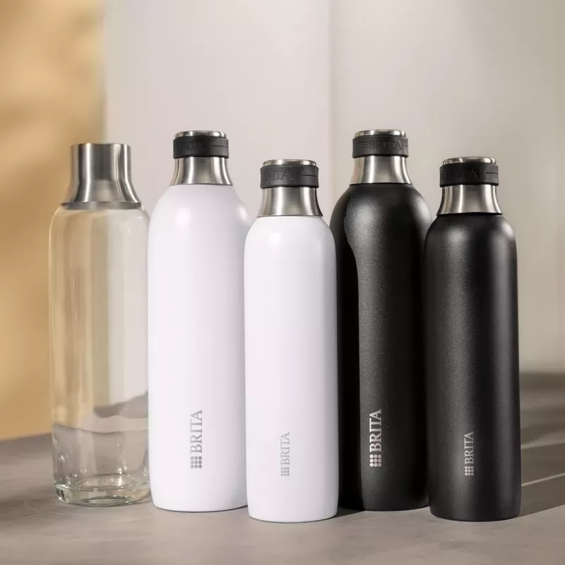 Butelka do gazowania BRITA 118426 – szklana butelka 1 l z nakrętką ze stali nierdzewnej, wysokość 287 mm, 2 szt.