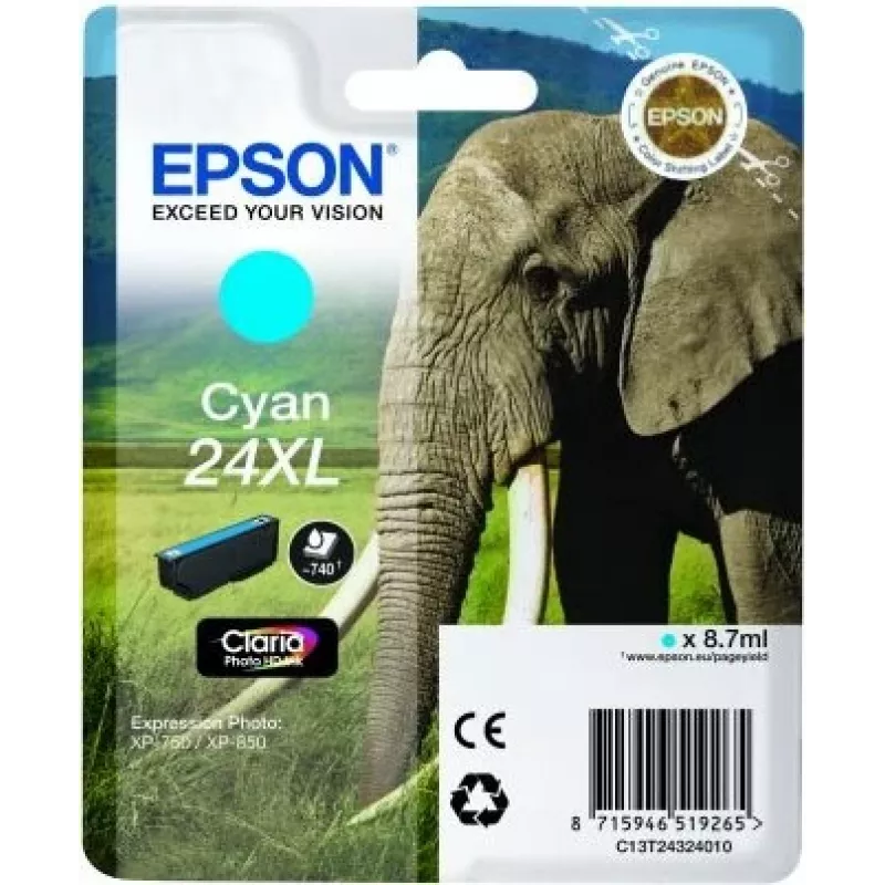 Epson Elephant Singlepack cyjan 24XL Claria Photo HD Ink, Cyjan, 1 szt.