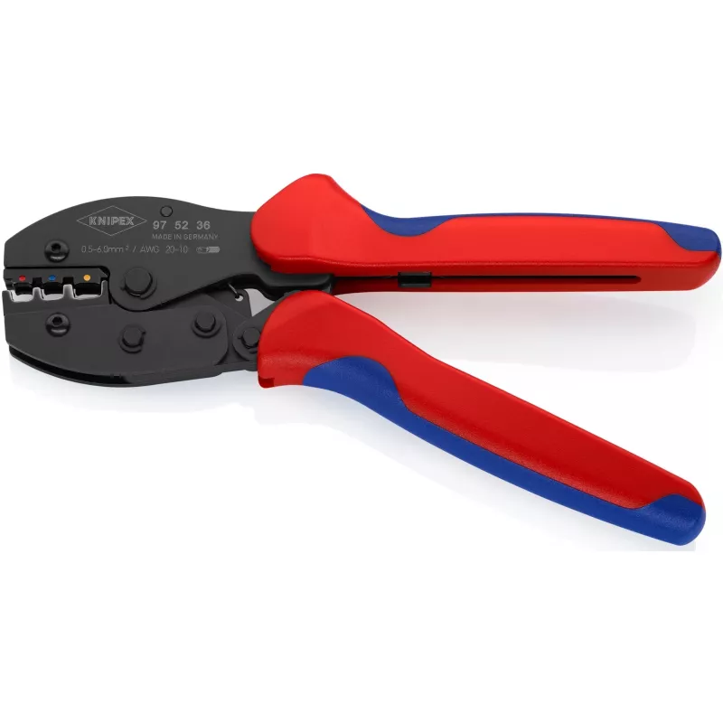 Narzędzie do zaciskania Knipex PreciForce model 975236 SB — izolowane uchwyty w kolorze czarnym, niebieskim i czerwonym