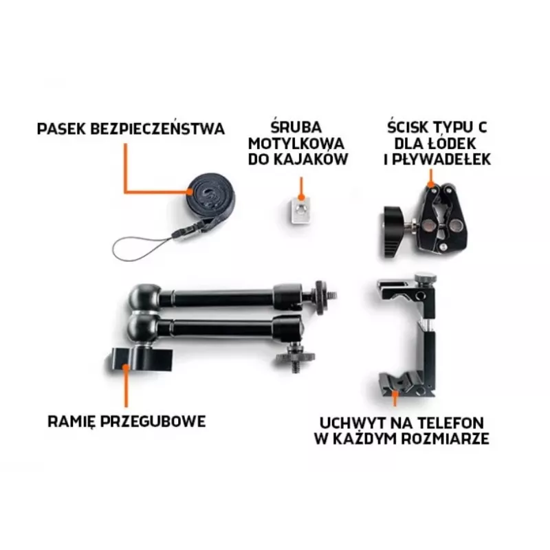 Uchwyt na smartfon deeper ITGAM0026 do kajaka i łodzi — aluminiowy, regulowany kąt, zacisk C do 41 mm, rozstaw na telefon 65–95 mm