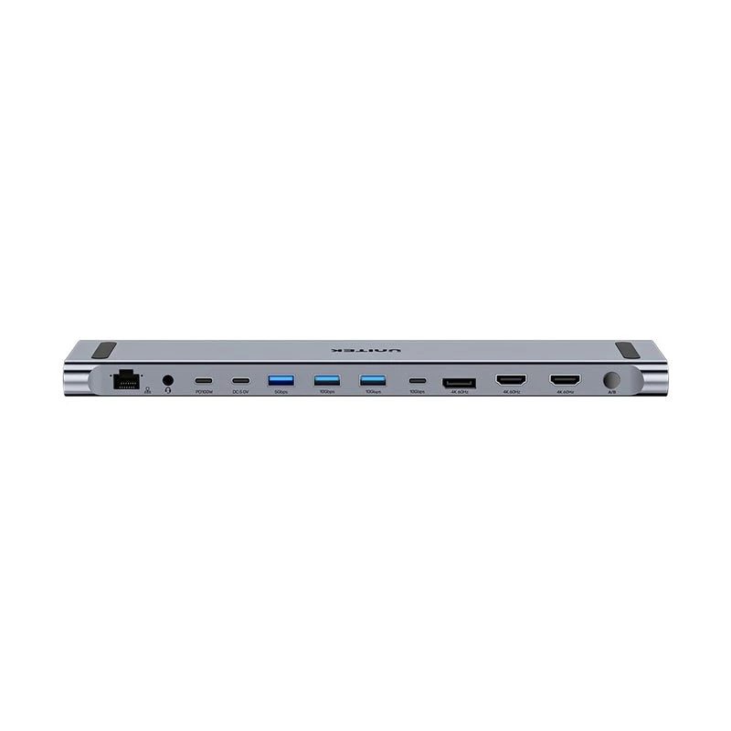 Przełącznik KVM Unitek D1106AGY01 USB-C stacja dokująca Triple 4K z KVM, 3x USB-A, 5x USB-C, HDMI×2, DP×1, RJ-45, czytnik SD, 3840×2160@60Hz, aluminium