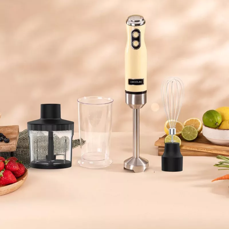 Mikser ręczny CECOTEC Power Mixer Retrożółty 1200MAX Cream&Crush, 1200 W, wiele prędkości, haki do ciasta i trzepaczki