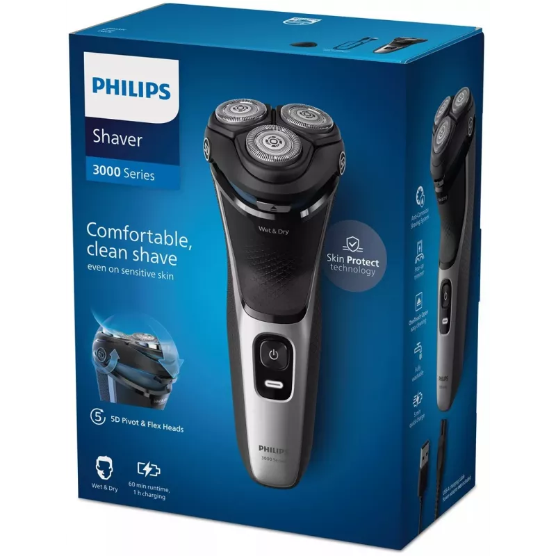 Golarka elektryczna Philips 3000 Series S3143/00 — 3 głowice rotacyjne, Wet & Dry, Li-Ion, 60 min pracy