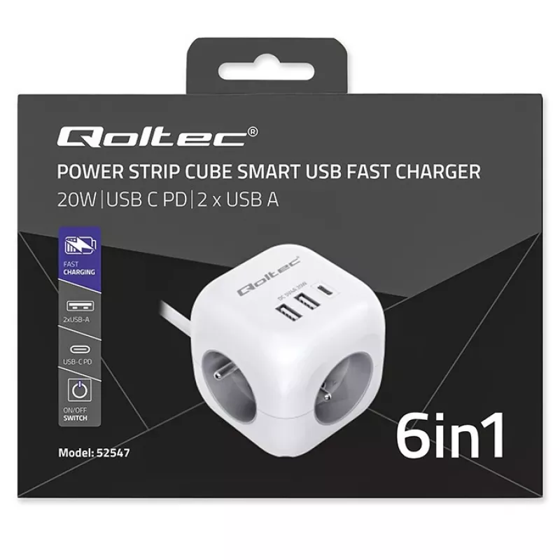 Listwa zasilająca Power Cube QOLTEC 52547 3× gniazda AC, 2×USB-A, 1×USB-C PD 20W