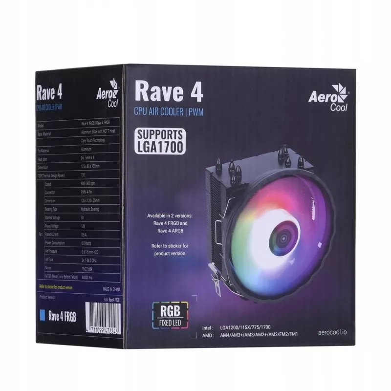 Chłodzenie procesora AEROCOOL PGS Rave 4 FRGB wentylator 120 mm, 4 rurki cieplne, ARGB, 120×25 mm, 1800 obr./min, 12 V, 0,5 A