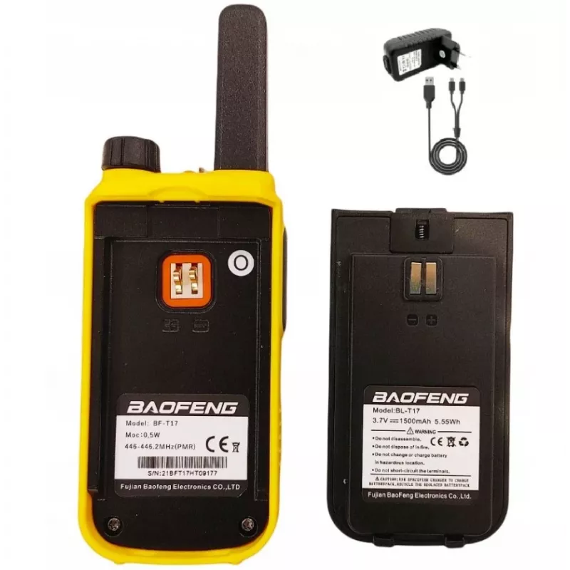 Radiotelefon ręczny Baofeng BF-T17 — krótkofalówka dziecięca, 16 kanałów, 5 W, 400–470 MHz, bateria 1500 mAh, żółta