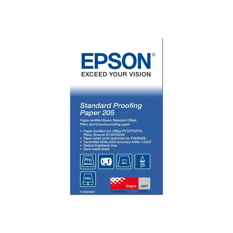 Epson Standard Proofing Paper, 17 cali x 50 m, 205 g/m², 50 m, 43,2 cm, 43,2 cm (17 cali), Matowy, 190 µm, 205 g/m²