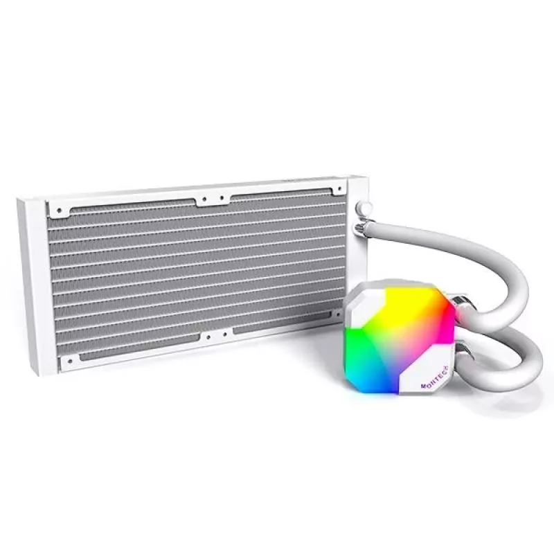 Chłodzenie wodne AIO Montech Hyper Flow ARGB 240 mm Białe — grzejnik 240 mm, podświetlenie ARGB, białe wykończenie