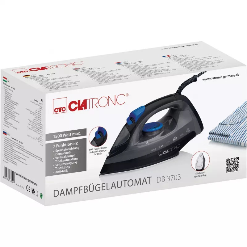 Żelazko CLATRONIC DB 3703 — Żelazko suche i parowe, stopa ze stali nierdzewnej, 1800 W, czarno-szare