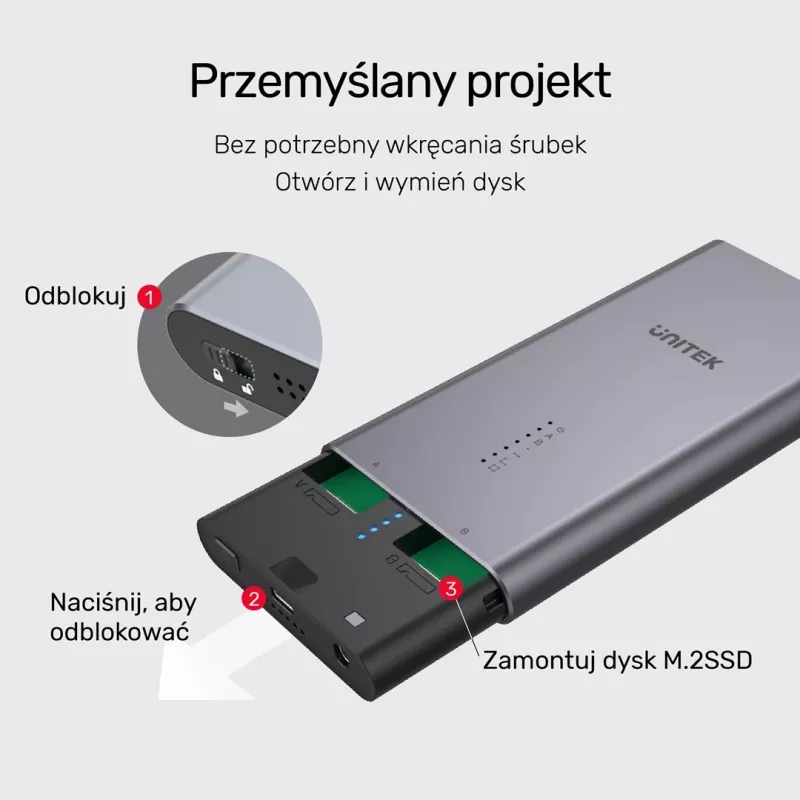 Obudowa SSD Unitek S1206A na 2 dyski M.2 NVMe PCIe Gen3 x4, USB 3.2 Gen 2 (10 Gbit/s), aluminium, USB-C, zawiera zasilacz