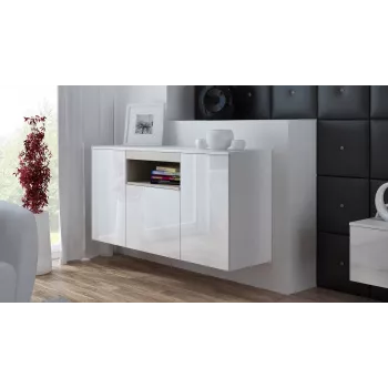 Komoda Cama Meble VIVA 150 — biały/biały połysk i dąb sonoma, 3 drzwi, 5 półek, 1500×450×800 mm