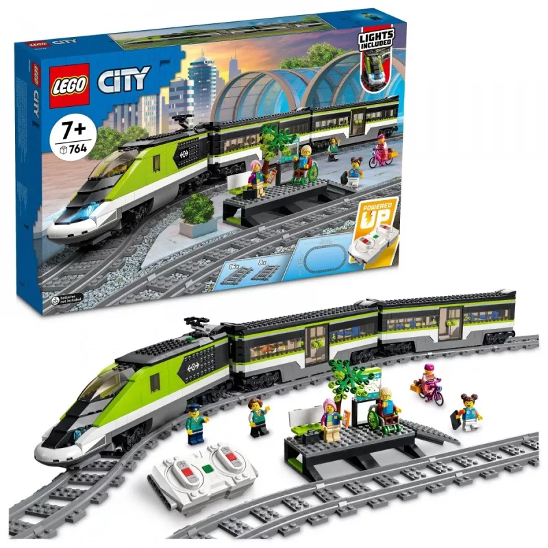 LEGO 60337 City Express Pociąg Pasażerski Zdalnie Sterowany Zabawka Prezent dla Dzieci Chłopców i Dziewczynek z Działającymi Reflektorami 2 Wagonami i 24 Torami
