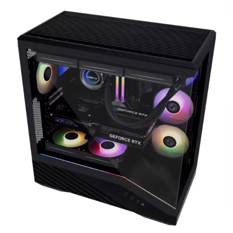 Obudowa PC Lian Li Vector V100 Midi Tower — Czarna z przezroczystym panelem, obsługa 3×120 mm wentylatorów bocznych + 1×120 mm tylnego, HDD 3,5 cala, SSD 2,5 cala, 235,5×446×484,6 mm