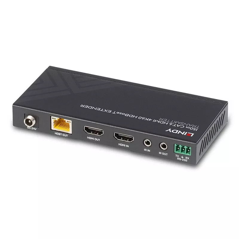 Lindy 150m Cat.6 HDMI 4K60, IR i RS-232 HDBaseT Extender, 3840 x 2160 pikseli, nadajnik i odbiornik AV, 150 m, przewodowy, czarny, HDCP
