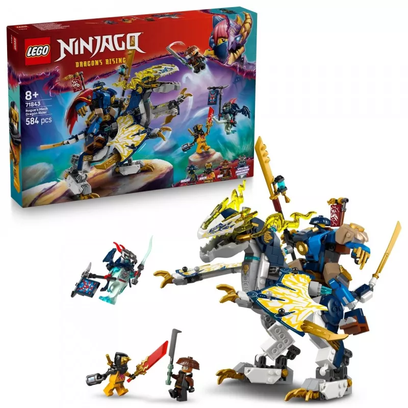 LEGO NINJAGO set 71843 Rogue’s Mech Dragon Rider — 584 szt., 4 minifigurki, wysokość modelu 190 mm