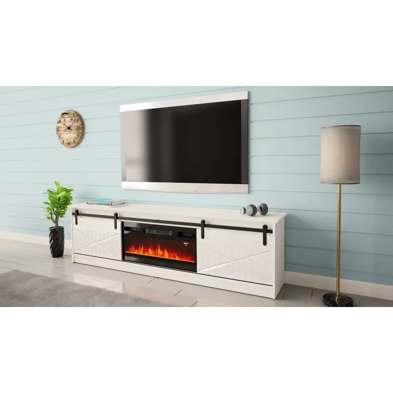 Szafka RTV z kominkiem elektrycznym Cama Meble model GRANERO RTV GRANERO + KOM B/B, 200x56,7x35 cm, biały/biały połysk, 2 drzwi, 2 półki, MDF/płyta wiórowa