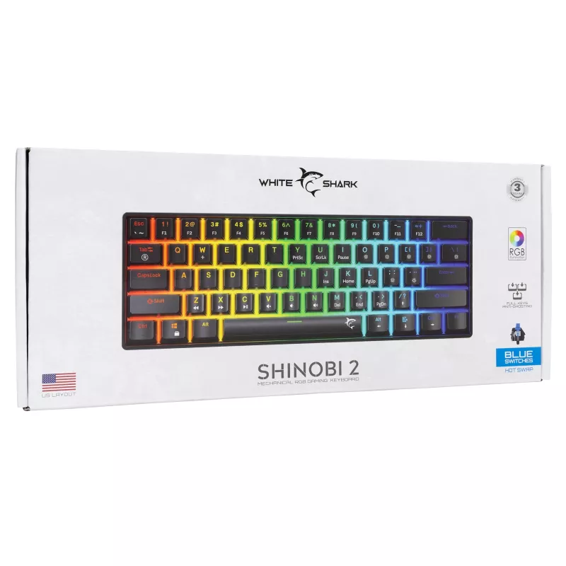 Klawiatura mechaniczna White Shark Shinobi-2 niebieski Switch Czarna układ US