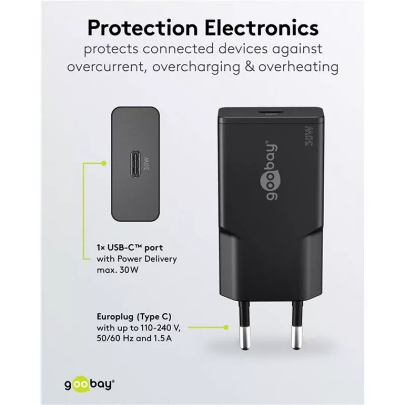 Goobay USB-C™ PD GaN Szybka ładowarka cienki (30 W) czarna