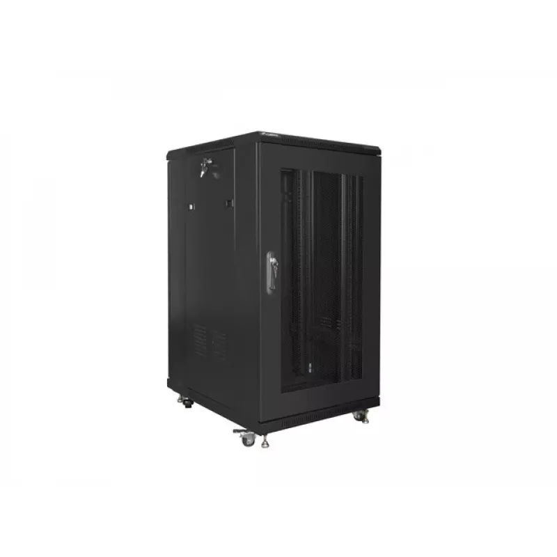 Wolnostojąca szafa rack LANBERG FF01-6822-23B 22U, szyny 19 cali, 1159×600×800 mm, IP20, kółka jezdne, zamek na klucz, czarna