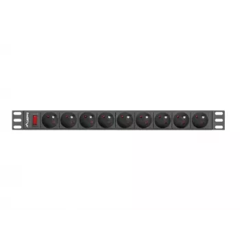 Jednostka dystrybucji zasilania LANBERG PDU-09E-0300-BK — 9x gniazd typu E, 16 A, 220–250 V, kabel 3 m, 1U, stojak 19 cali