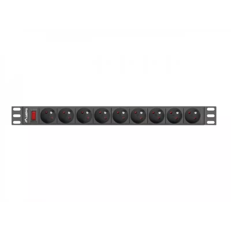 Jednostka dystrybucji zasilania LANBERG PDU-09E-0300-BK — 9x gniazd typu E, 16 A, 220–250 V, kabel 3 m, 1U, stojak 19 cali