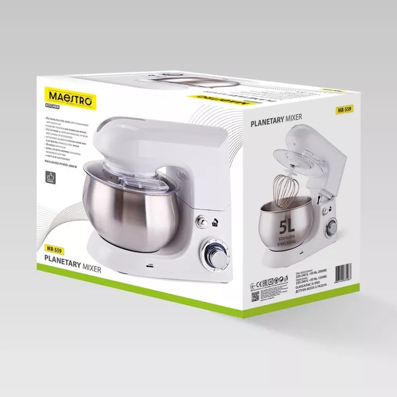 Planetary mixer Maestro MR-559 stand mixer, 5.0 L stal nierdzewna misa, 2000 W, 6 prędkości, sterowanie obrotowe