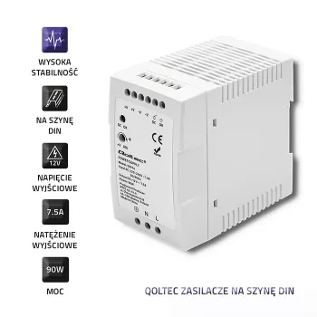 Zasilacz na szynę DIN Qoltec 50914 | 90 W | 12 V | 7,5 A | Biały | cienki