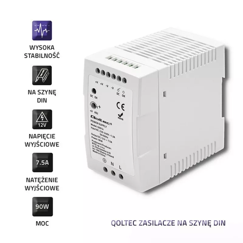 Zasilacz na szynę DIN Qoltec 50914 | 90 W | 12 V | 7,5 A | Biały | cienki