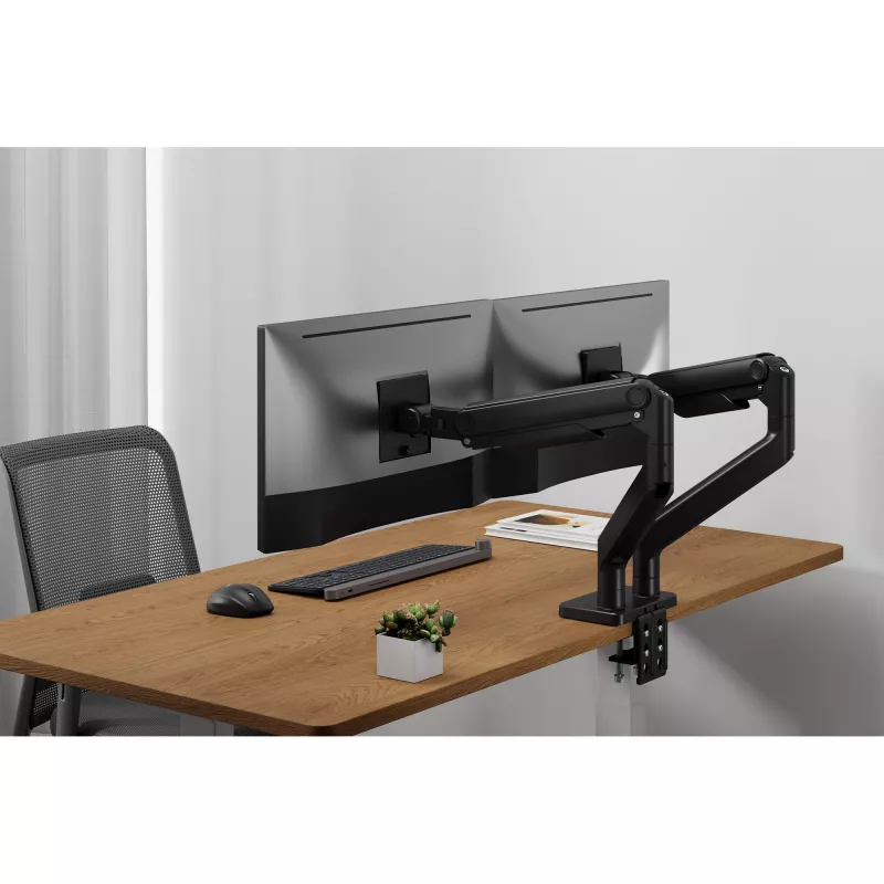 Uchwyt do monitora DIGITUS Dual Monitor Mount dla 2 ekranów 45 cali, zacisk, 2×20 kg, VESA 75×75–100×100, pochylenie -20–50°