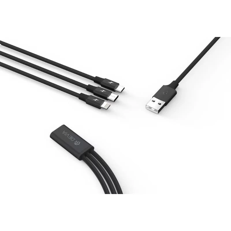 Kabel USB 3 w 1 do ładowania i transmisji danych Devia Kintone Series — Lightning, Micro-USB, USB-C, 1,2 m, czarny