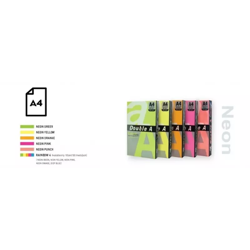 Papier kolorowy neonowy Double A, 75 g, A4, 100 arkuszy, Rainbow 4, 5 kolorów neonowych