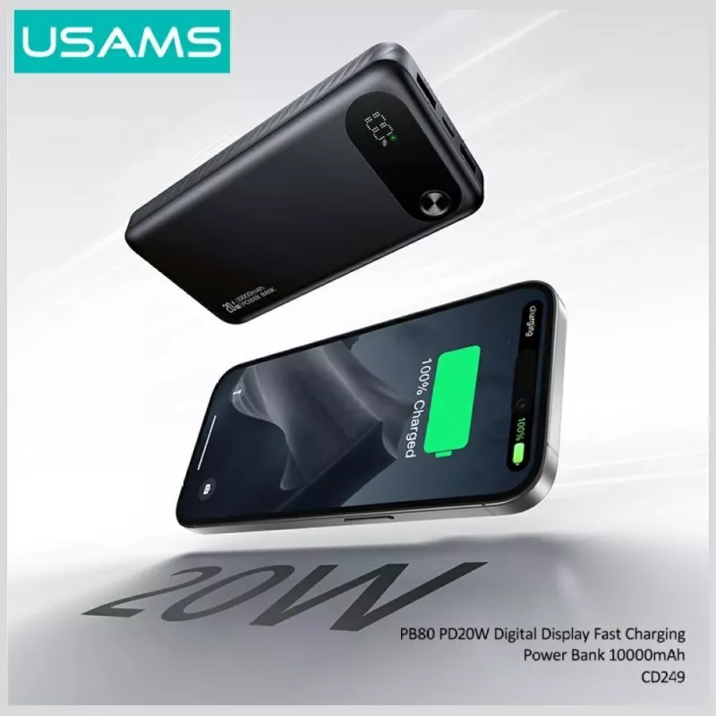 Power bank usams PB80 PD20W 10000mAh — przenośna ładowarka, czarna