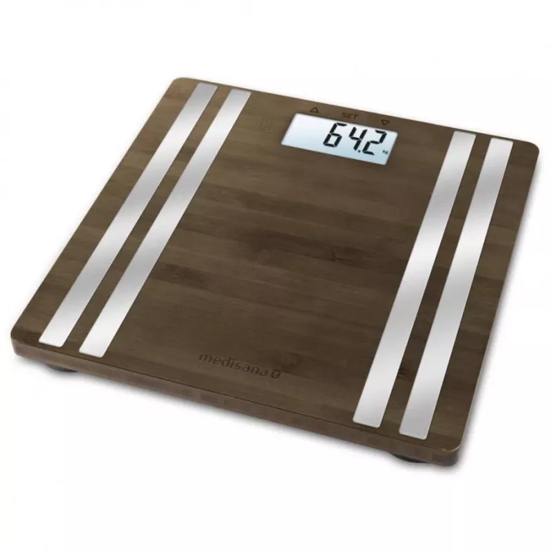 Elektroniczna waga osobista Medisana BS 552 — srebrna z bambusową platformą, maks. 180 kg, dokładność 100 g, Bluetooth, BMI, skład ciała