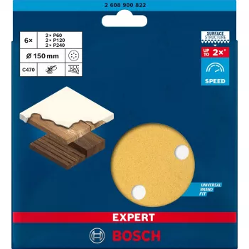 Zestaw arkuszy szlifierskich Bosch Expert C470 Ø150 mm K60 K120 K240, 6 sztuk