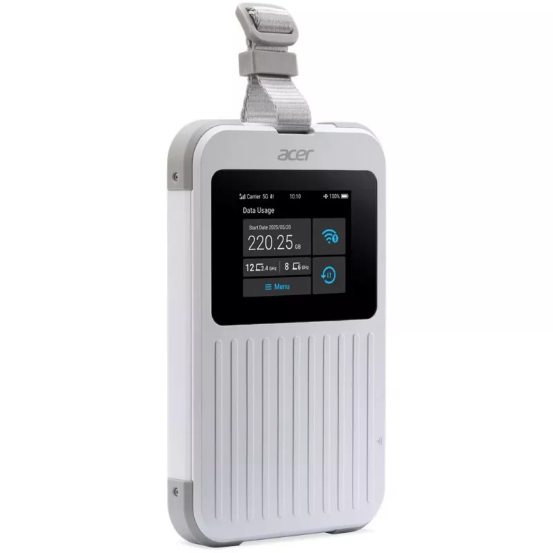 Przenośny router Acer Connect M6E z 20 GB, dwuzakresowy (2,4 GHz + 5 GHz lub 2,4 GHz + 6 GHz), Wi‑Fi 6E, 5G, IP68, wewnętrzne anteny 2x2, 4 GB RAM, procesor 2,5 GHz