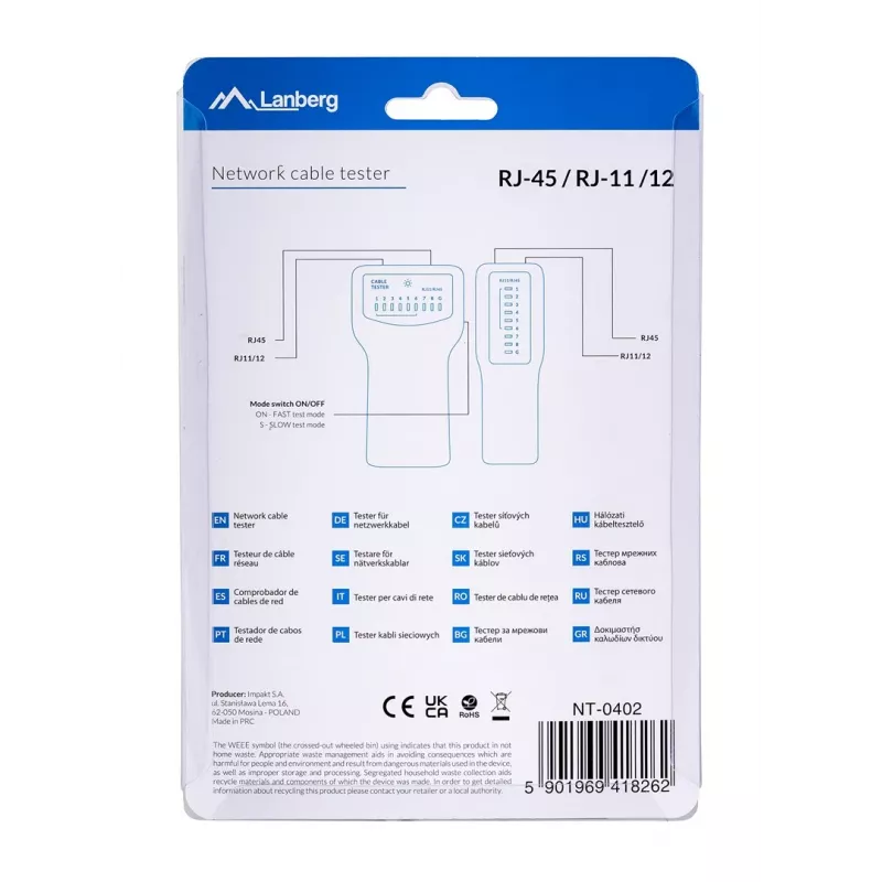 Tester PoE LANBERG NT-0402 — tester kabli sieciowych PoE z obsługą RJ-45/RJ-11, wskaźnikami LED, diodą zasilania, włącznikiem/wyłącznikiem