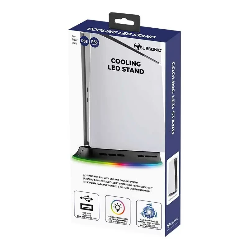 Stacja chłodząca SUBSONIC SA5656 do PS5 i PS5 cienki z diodami LED, wielowentylatorowym chłodzeniem, zasilana przez USB