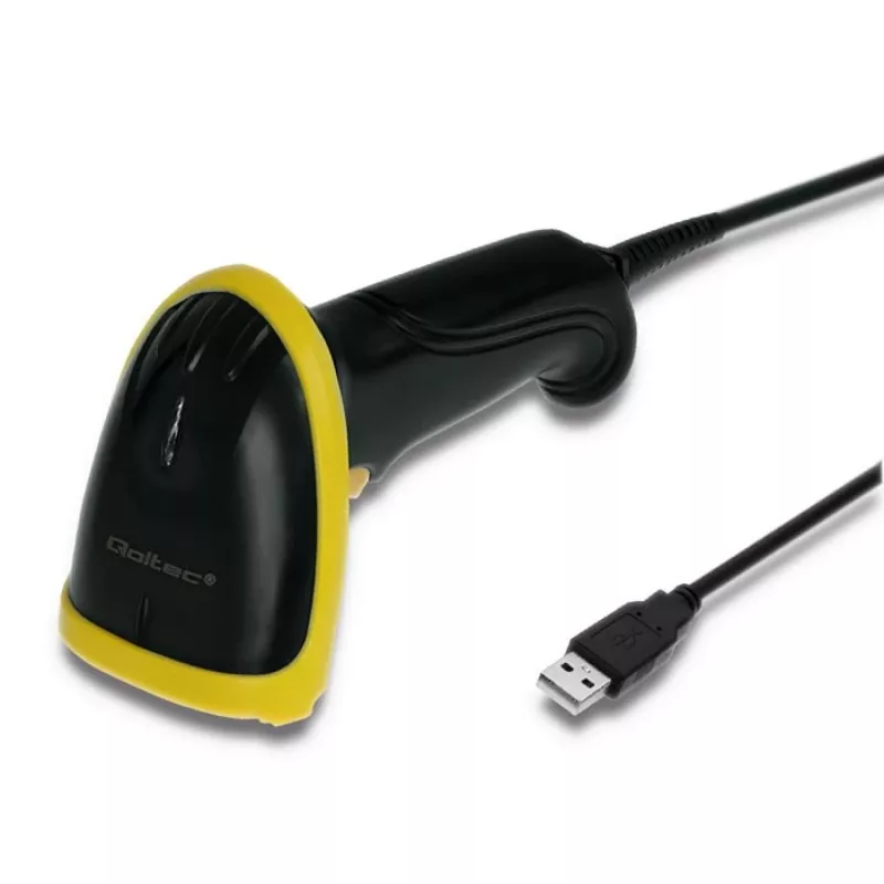 Ręczny czytnik kodów kreskowych QOLTEC 50867 — laserowy skaner 1D/2D, przewodowy USB, zasięg 600 mm, żółto-czarny