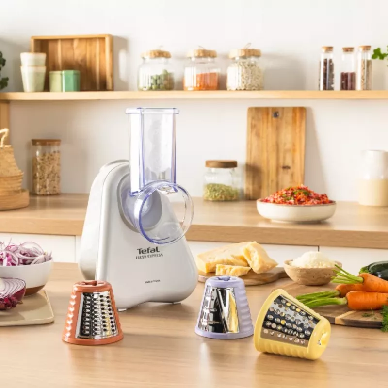 Elektryczna szatkownica do warzyw Tefal Fresh Express DN853BE0 — 150 W, 3 wymienne stożki, 1 prędkość, kremowa