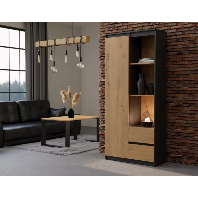 Top e Shop RS-80 BILY regał biurowy, antracytowa rama, drzwi dąb artisan, 7 półek, 2 szuflady, 1800×800×350 mm