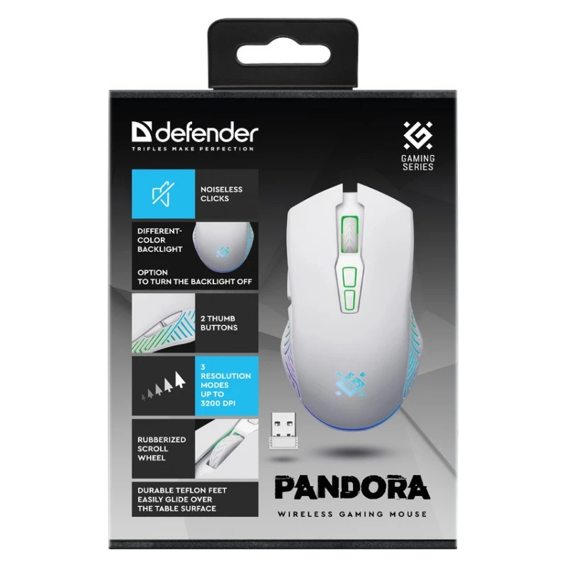 Bezprzewodowa mysz gamingowa DEFENDER Pandora biały — symetryczna, 3200 DPI, 6 przycisków, programowalna, optyczna, USB