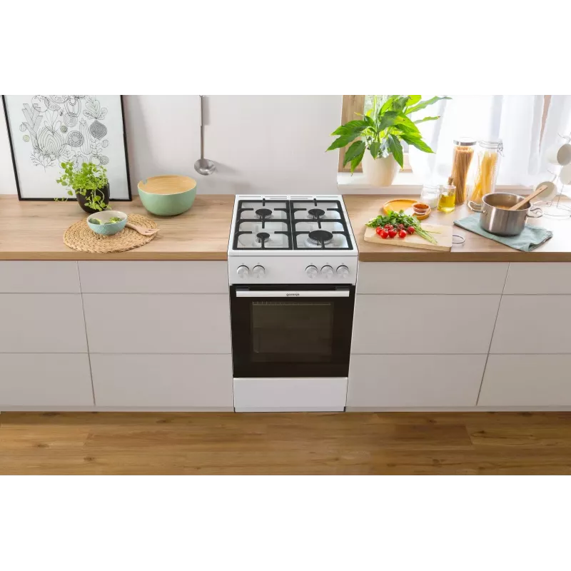 Wolnostojąca kuchenka gazowa z piekarnikiem Gorenje GG5A10WFFM — płyta 4-palnikowa, piekarnik 70 L, emaliowany blat, biały